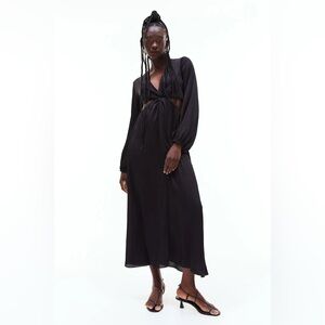 H&M Balloon-Sleeved Cut-Out Crêpe Midi Dress in black